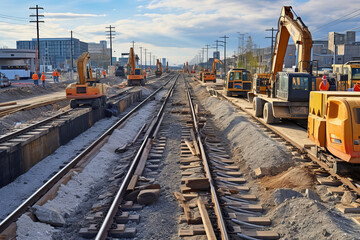 Fototapeta na wymiar Construction of a mass transit train line in progress with heavy infrastructure. This photo shows the progress in joining the various blocks/modules of the line with heavy equipment.
