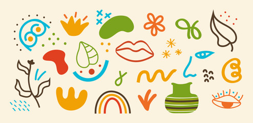 Abstract boho shape doodle set vector. Blob eyes, face, leaves. Geometric, trendy, abstract shapes.