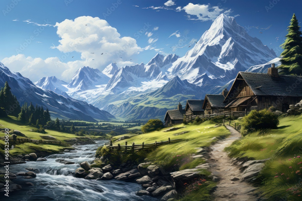 Poster serene mountain landscape with a cascading stream generative ai