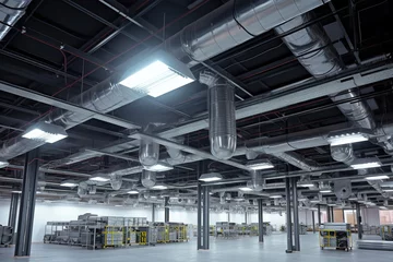 Fotobehang Ceiling mounted cassette type air condition units with other parts of ventilation system (tubes, cables and vents) located inside commercial hall with hanging lights and other construction parts. © arhendrix