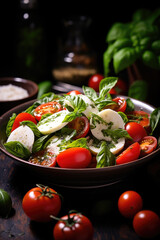 Salad Caprese surrounded by its ingredients on wooden table.