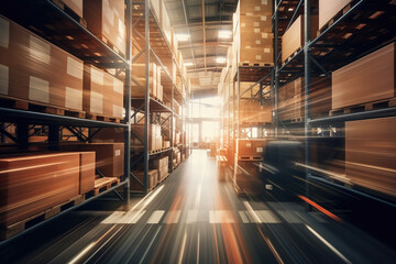 blur movement warehouse interior with shelves, pallets and boxes