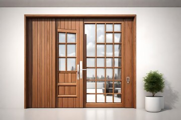 3D view, wood front door with white color wall, with small square decorative windows