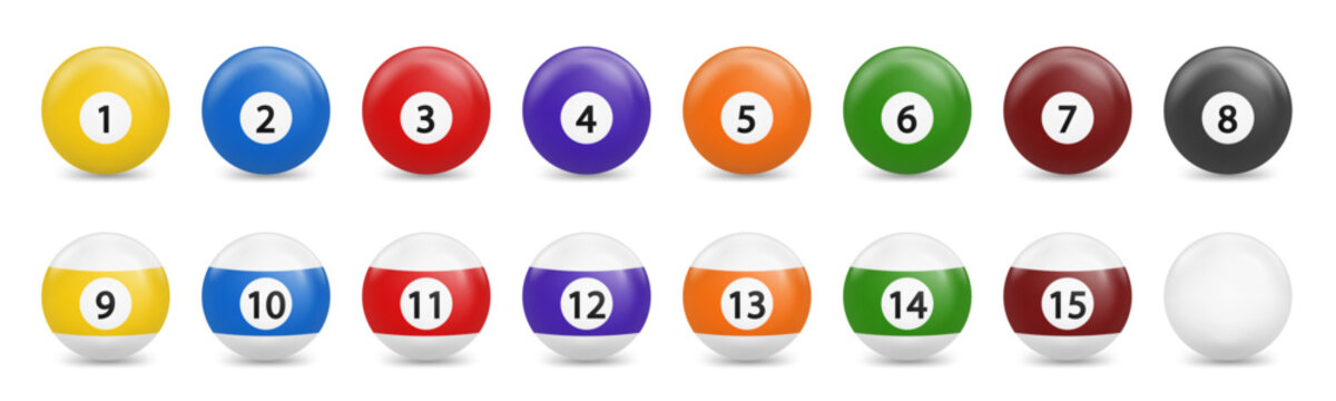 Billiard, pool balls with numbers collection. Realistic glossy snooker ball. Transparent background