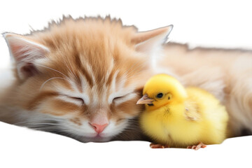 Chick and Kitten Sleeping Peacefully on a White or Clear Surface PNG Transparent Background