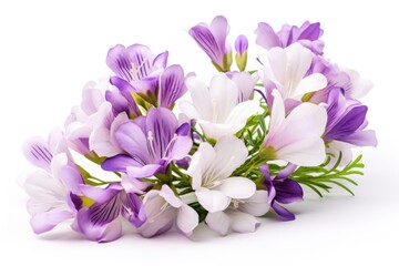 A bunch of purple and white flowers on a white surface