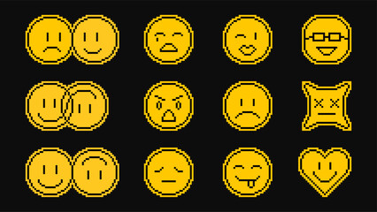 Pixel emoji smile pack. Various pixel art smiles with laugh or love emotions, combined faces, message chat emoticons and expression smiles, vector stickers. 8bit acid style pixelated emoji face.