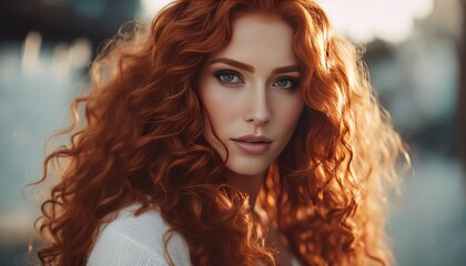 Fototapeta premium Beautiful model girl with long red curly hair .Red head