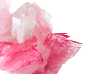 macro close up of natural rubellite (pink tourmaline) mineral cristals on white background