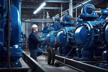 A worker at a water supply station inspects water pump valves equipment in a substation for the distribution of clean water at a large industrial estate. Water pipes. Industrial plumbing. - obrazy, fototapety, plakaty