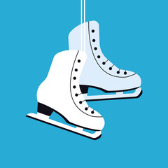 Ice skating pair of shoes on blue background. Square composition winter activity card. Seasonal sport hobby banner. Winter sports gear. Winter leisure. Vector poster invitation.