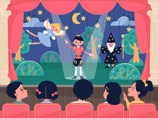 Children watch puppet show. Happy kids in auditorium at theatrical performance, young audience, fabulous puppets on stage, entertainment show for kids, cartoon isolated vector concept