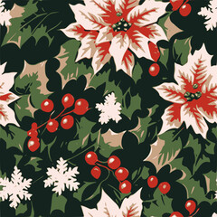 seamless background with holly and poinsettias