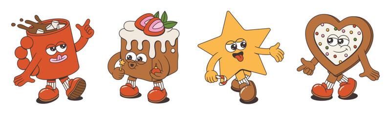 Merry Christmas and Happy New Year collection. Biscuit, star, sweet heart, cocoa with marshmallows of trendy retro mascot style. Happy groovy cartoon characters.