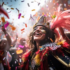 the carnival parade with people dressed in colorful costumes, confetti floating around
