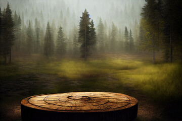 Wooden round pedestal in the green forest 3d illustration, scenery of empty product podium in natural environment, green trees around, mystical mood