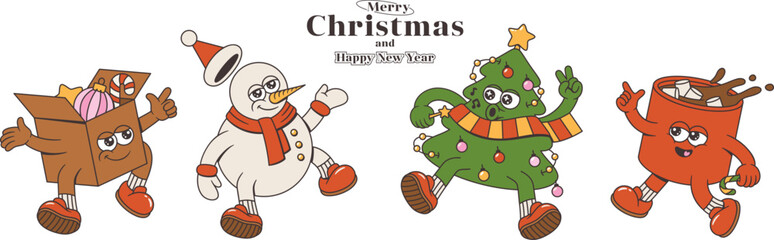 Merry Christmas and Happy New Year collection. Christmas tree, gift box, snowman, cocoa with marshmallows of trendy retro mascot style. Happy groovy cartoon characters.