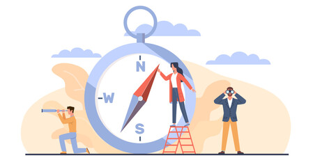 Concept of wayfinding, businessmen with compass and telescope looking for right direction. Successful way for company development choosing. Planning future. Cartoon flat vector illustration © YummyBuum