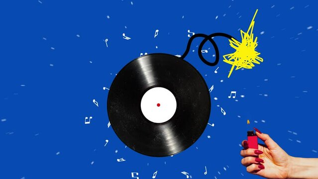 Musical explosion. Contemporary art. Retro vinyl disc isolated over blue background. Concept of music, creativity, inspiration, imagination, ad. Stop motion, animation.