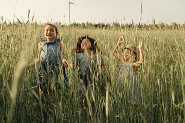 Three little joyful sisters are jumping in a field of growing wheat.
