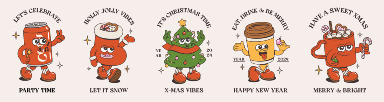 Merry Christmas and Happy New Year designs. Xmas tree, soda, christmas sock, coffee, cocoa with sweets of trendy retro mascot style. Groovy cartoon happy characters with xmas phrases.