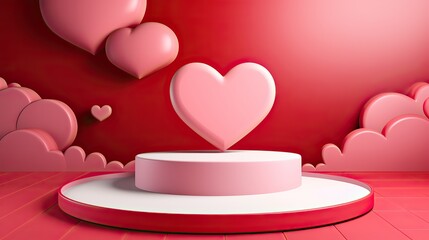 Pedestal for product display presentation for Valentine's Day. Romantic showcase with hearts on a red background