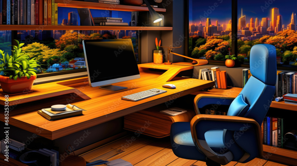 Poster a computer desk with a monitor and a keyboard