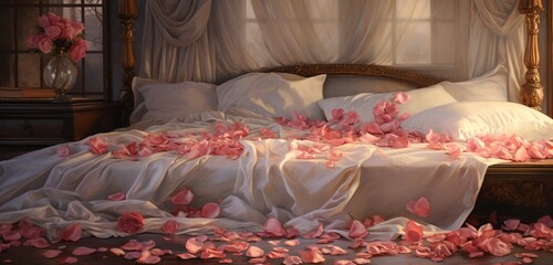 A gentle breeze ruffling rose petals arranged on a comfortable bed, creating a dynamic, serene scene.