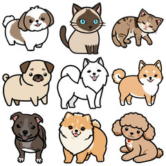 Paws and Claws: A Collage of Cartoon Dogs and Cats in Various Poses Sticker Art