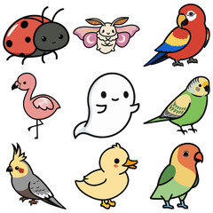 Feathered and Fluttering: A Collage of Cartoon Birds and Bugs Sticker Art