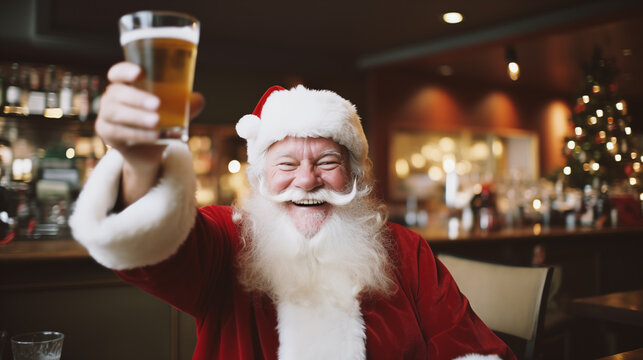 Santa Claus in the bar. Cheerful happy and smiled bearded man in Santa suit in pub. Glass of beer in hands. Merry Christmas and Happy New Year. Alcohol, drinking beer. Winter holidays. Generated AI