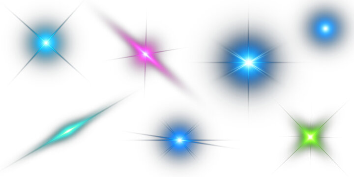 Sparkling light lens flares and colorful twinkle on transparent background