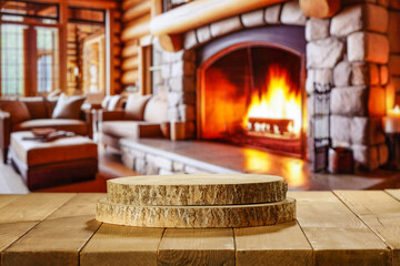 Wooden board with pedestal and free space for your decoration. Home interior and fireplace. Magic...