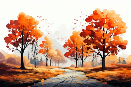 Autumn Landscape Painting with Trees Generative AI