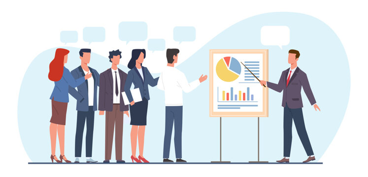 Group of business people talking to speaker of presentation. Manager presenting project to colleague. Infographic with graphics and charts. Office meeting. Cartoon flat vector concept