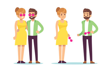 Joyful man and woman with pink glasses and sad without glasses. Optimism and pessimism. Negative or positive feeling, happy and unhappy character cartoon flat isolated vector concept