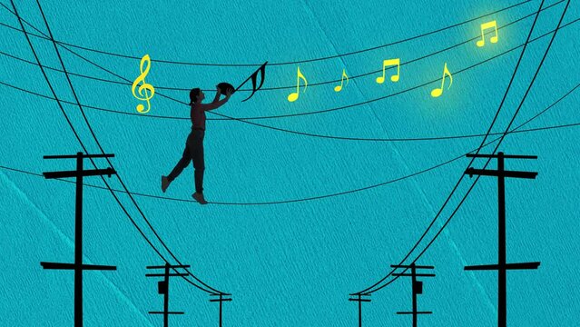 Contemporary art. Young girl hanging drawn music notes on wires isolated over blue background. Night sounds. Concept of music lifestyle, creativity, inspiration, imagination. Stop motion, animation
