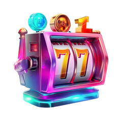 Slot machine with lucky sevens jackpot. Lucky seven 777 slot machine for casino games. Colorful PNG illustration on white background. - obrazy, fototapety, plakaty