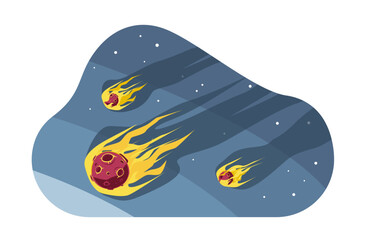 Meteorites flying in starry night sky. Meteor stone with fire. Asteroid comet in outer space. Cataclysm and destruction. Armageddon element, catastrophe background cartoon flat vector concept © YummyBuum