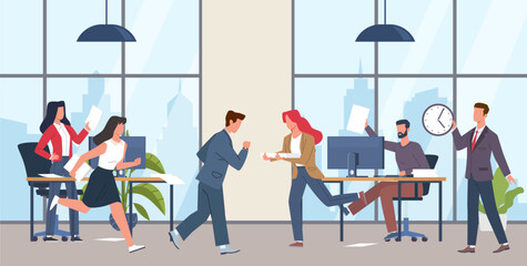 Panic and stress in the office, disruption of work deadlines. Stressed male and female employees, ineffective unproductive work. Hurry men and women cartoon flat isolated vector concept - obrazy, fototapety, plakaty