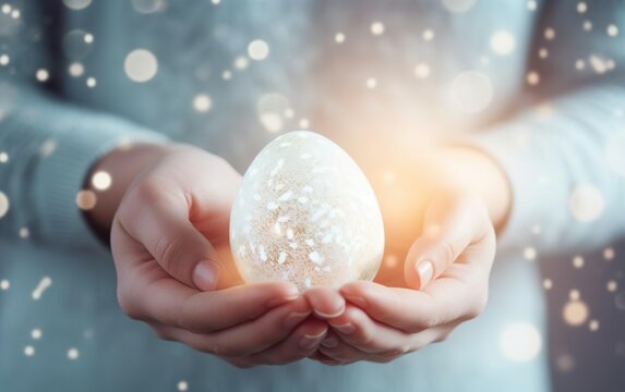 Female hands holding big white egg lantern. Happy Easter blurred background poster. Pastel colors, bokeh, de focus, warm light. Magic spring design for banner, greeting card, invitation. AI Generative