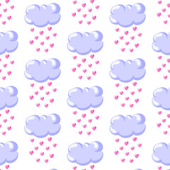Clouds with falling hearts seamless pattern. Cartoon style. For kids fabric, wallpaper, print or backdrop. Vector illustration.
