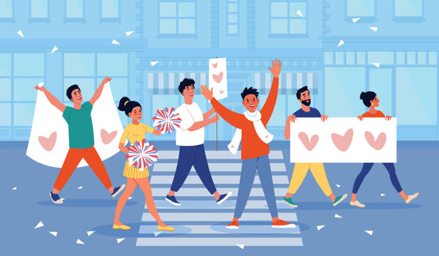 Peaceful parade on city street. Happy people carry banners and posters with images of hearts, funny festival activists, men and women crowd on demonstration cartoon flat vector concept