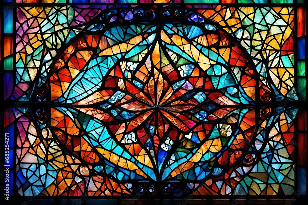 Aufkleber generate an image showcasing the intricate patterns of a stained glass window, utilizing a diverse r