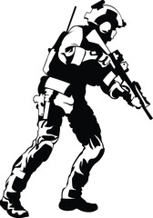 Obraz premium Cartoon Black and White Isolated Illustration Vector Of A Military Soldier In Full Kit Holding a Rifle