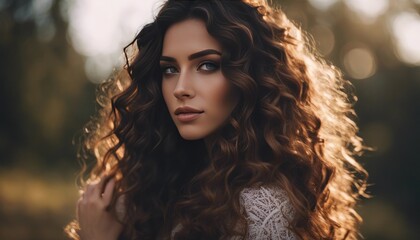 Fototapeta premium Brunette girl with long and shiny wavy hair. Beautiful model with curly hairstyle