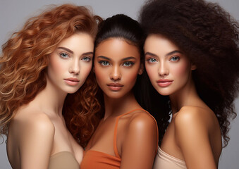 Obraz premium Beautiful young women standing next to each other on grey background.Macro.AI Generative.