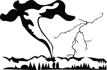 Cartoon Black and White Isolated Illustration Vector Of A Landscape with Trees Lighting and a Tornado 