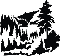 Cartoon Black and White Isolated Illustration Vector Of A Mountain Landscape Scenery with Trees and Hills
