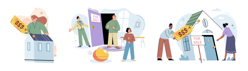 Real estate search. Vector illustration Investing in house with mortgage allowed individuals to benefit from property appreciation The mortgage loapplication required providing financial documentation